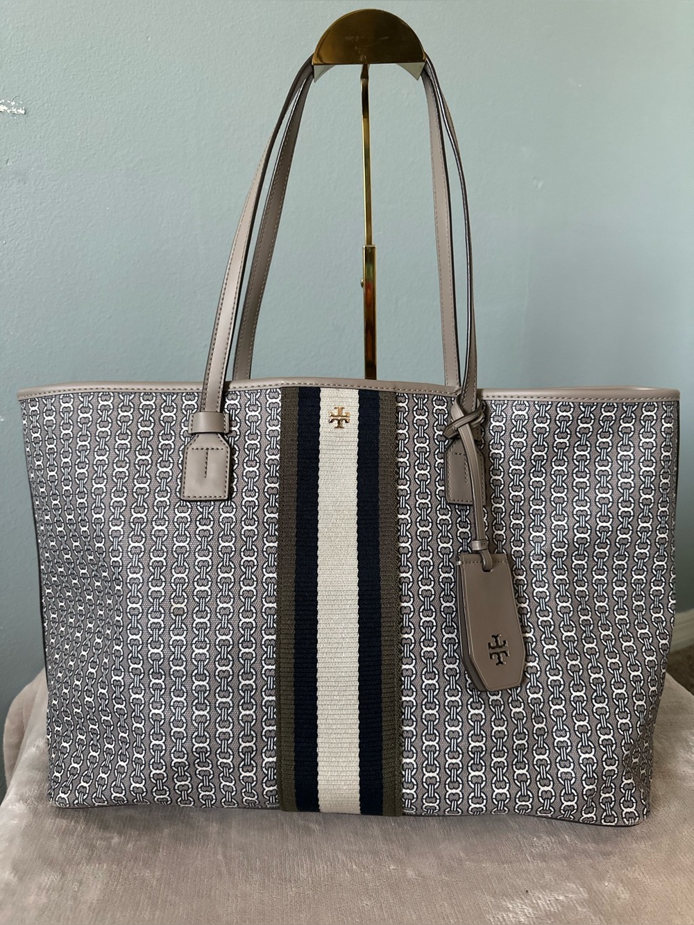 Tory Burch Gray and Navy Stripe Logo Jacquard Tote